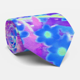 紫かわいらし色の青とライムグリーンの花 ネクタイ