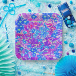 紫かわいらし色の青とライムグリーンの花 ペーパープレート