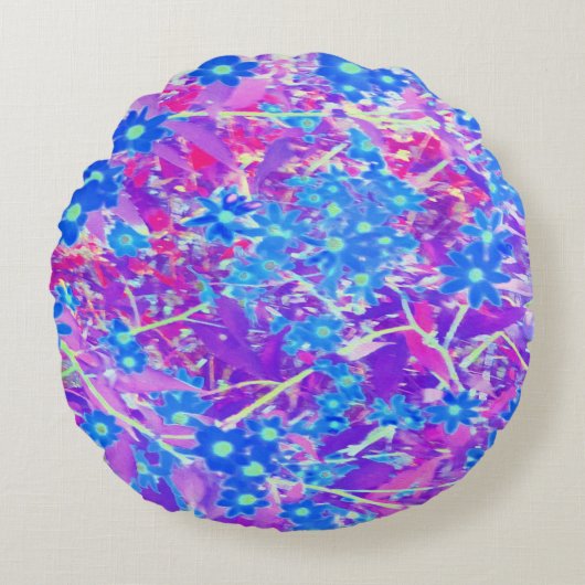 紫かわいらし色の青とライムグリーンの花 ラウンドクッション (正面)