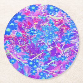 紫かわいらし色の青とライムグリーンの花 ラウンドペーパーコースター