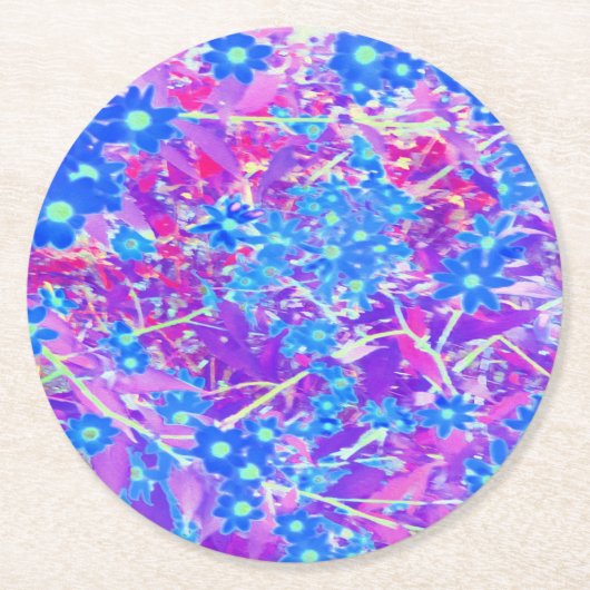 紫かわいらし色の青とライムグリーンの花 ラウンドペーパーコースター (正面)