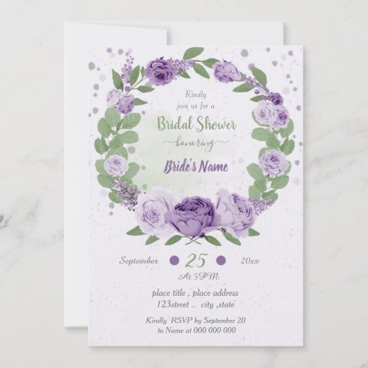 紫かわいらし花グリーンリースブライダルシャワー 招待状 (正面)