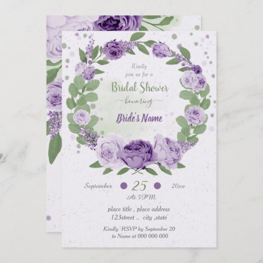 紫かわいらし花グリーンリースブライダルシャワー 招待状 (正面/裏面)