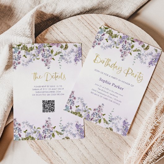 紫かわいらし薄紫 | QRコード誕生日パーティー 招待状