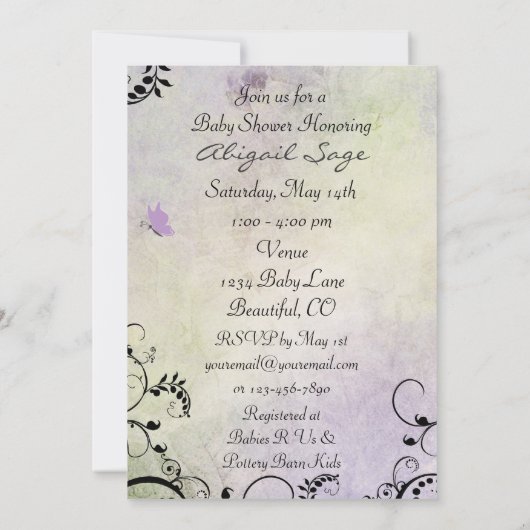 紫かわいらし蝶とつる植物赤ちゃんシャワー 招待状 (裏面)