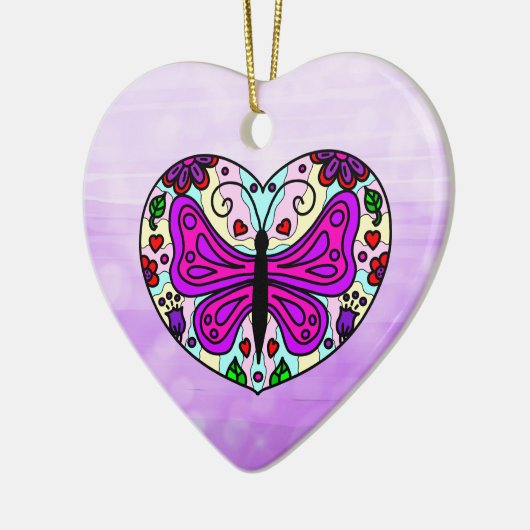 紫かわいらし蝶とハート曼荼羅 セラミックオーナメント (左)