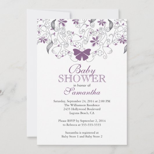 紫かわいらし蝶の赤ちゃん女の子の赤ちゃんシャワー 招待状 (正面)