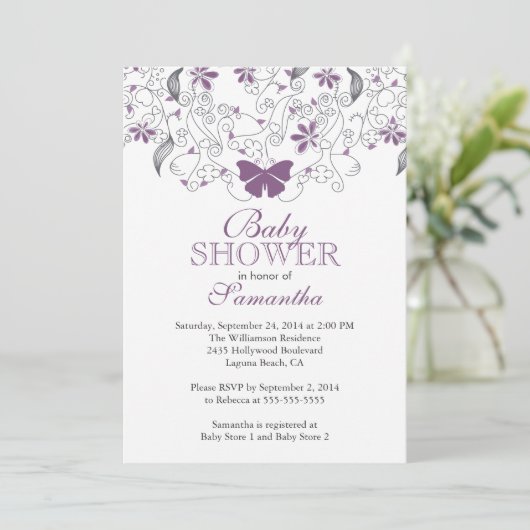 紫かわいらし蝶の赤ちゃん女の子の赤ちゃんシャワー 招待状 (スタンド正面)