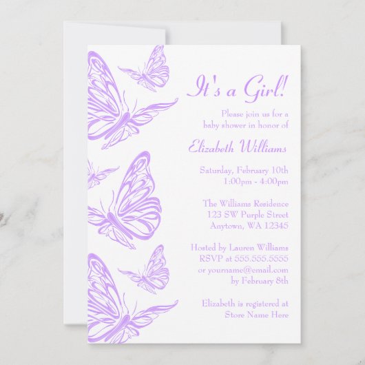 紫かわいらし蝶ベビーシャワー招待状 招待状 (正面)