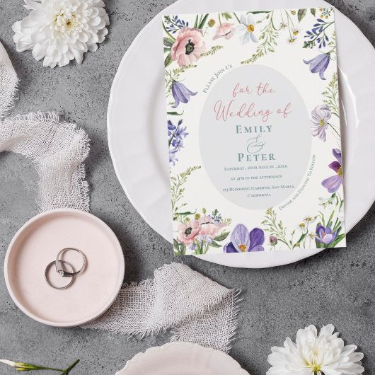 紫かわいらし赤面ピンク縁どフローラの結婚Inv 招待状