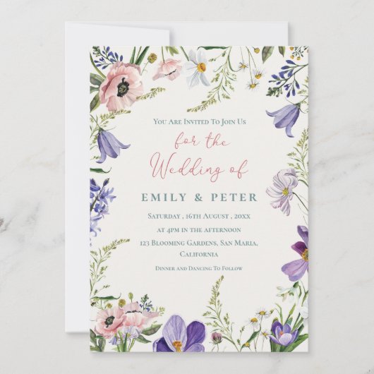 紫かわいらし赤面ピンク縁どフローラ結婚ズ 招待状 (正面)