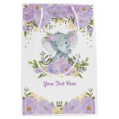 紫かわいらし金ゴールドゾウベビー水彩フローラ ミディアムペーパーバッグ (正面)