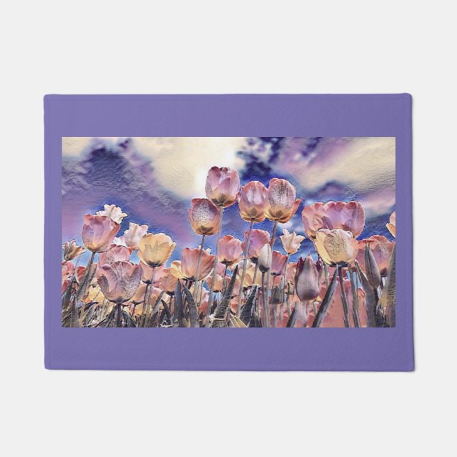 紫がかったピンクとオレンジのチューリップ ドアマット (正面)