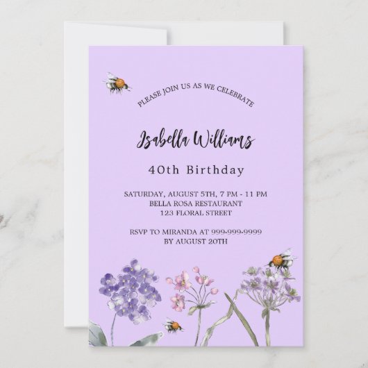 紫がかったピンクの花の誕生日 招待状 (正面)