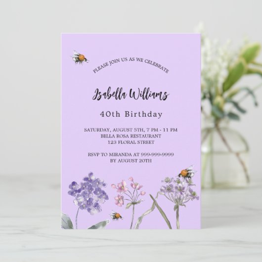 紫がかったピンクの花の誕生日 招待状 (スタンド正面)