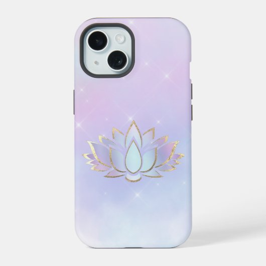 紫がかった青い蓮の花のデザイン iPhone 15ケース (裏面)