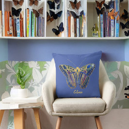 紫がかった青の宝石トーンの蝶 クッション