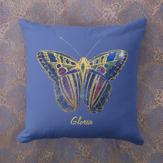 紫がかった青の宝石トーンの蝶 クッション