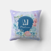 紫きらめくモダン青の水色フローラ クッション (裏面)