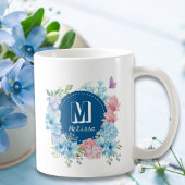 紫きらめくモダン青の水色フローラ コーヒーマグカップ