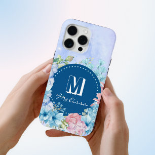 紫きらめくモダン青の水色フローラ iPhone 15 PRO MAXケース