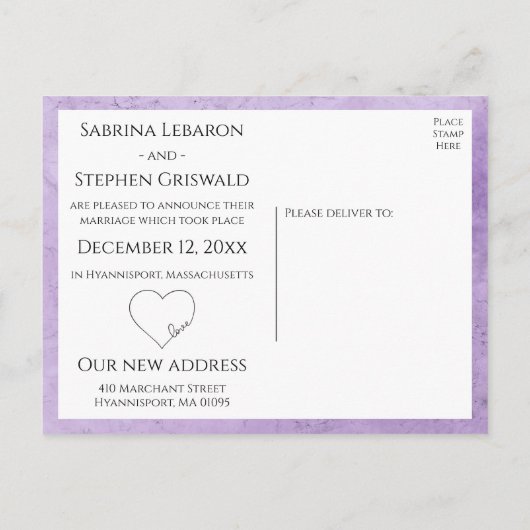 紫たった今結婚しましたハート水色結婚ズ 案内ポストカード (裏面)