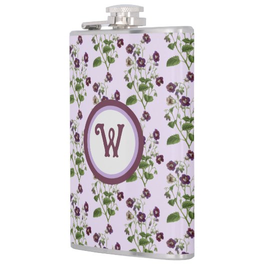 紫とかわいらしフローラのつる植物とイニシャル フラスク (左)