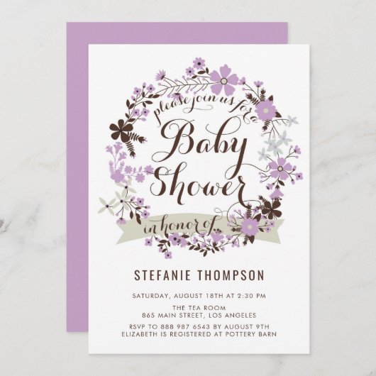 紫とかわいらし灰色のフローラリースベビーシャワー 招待状 (正面/裏面)