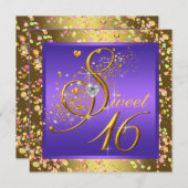 紫とかわいらし金ゴールドSweet sixteenパーティー 招待状 (正面/裏面)