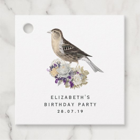 紫とアイボリーのフローラバードダマスク フェイバータグ (正面)