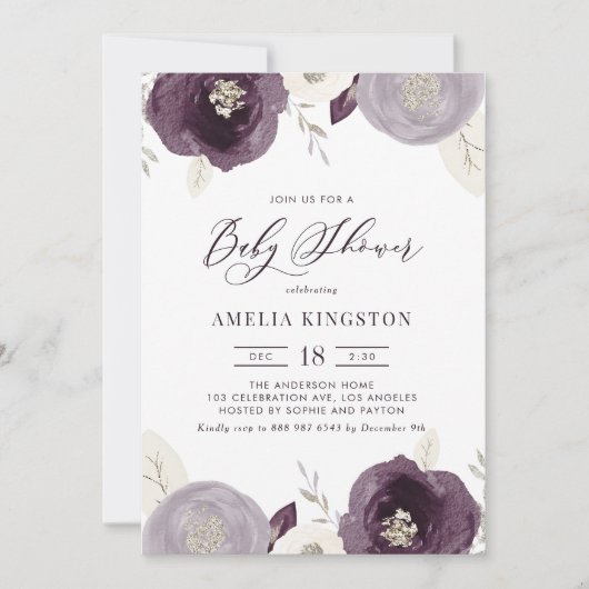 紫とアイボリーの花シルバーフォイルベビーシャワー 招待状 (正面)