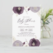紫とアイボリーの花シルバーフォイルベビーシャワー 招待状 (スタンド正面)