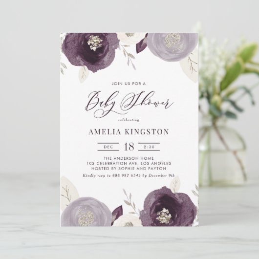 紫とアイボリーの花シルバーフォイルベビーシャワー 招待状 (スタンド正面)