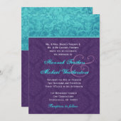 紫とアクア王室のブルーダマスクウェディングメタル 招待状 (正面/裏面)