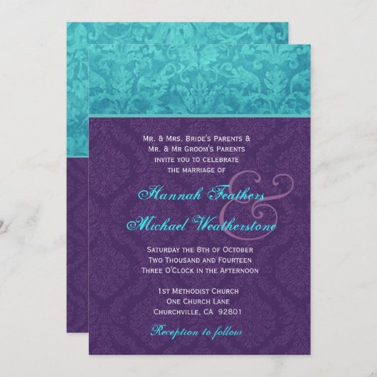 紫とアクア王室のブルーダマスクウェディングメタル 招待状 (正面/裏面)