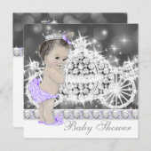 紫とエレガント灰色のプリンセス赤ちゃんシャワー 招待状 (正面/裏面)