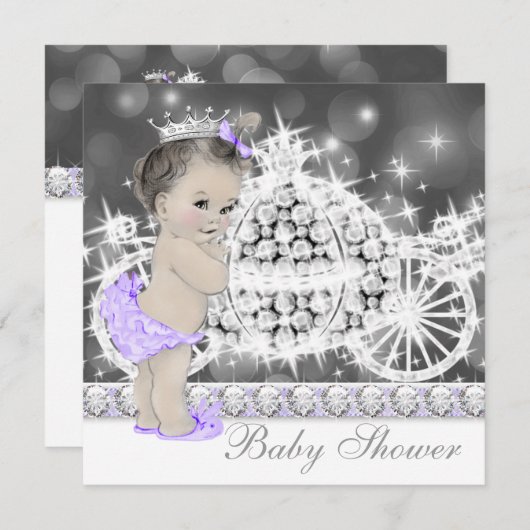 紫とエレガント灰色のプリンセス赤ちゃんシャワー 招待状 (正面/裏面)