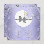 紫とエレガント灰色のベビーガールシャワー 招待状 (正面/裏面)