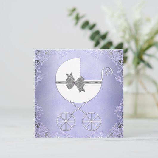 紫とエレガント灰色のベビーガールシャワー 招待状 (スタンド正面)