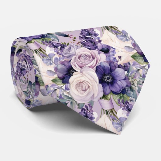 紫とエレガント白のフローラのネックタイ ネクタイ (ロール)