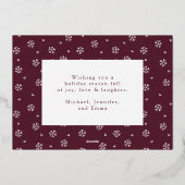 紫とエレガント金ゴールドのスノーフレーク非写真 箔シーズンカード (裏面)