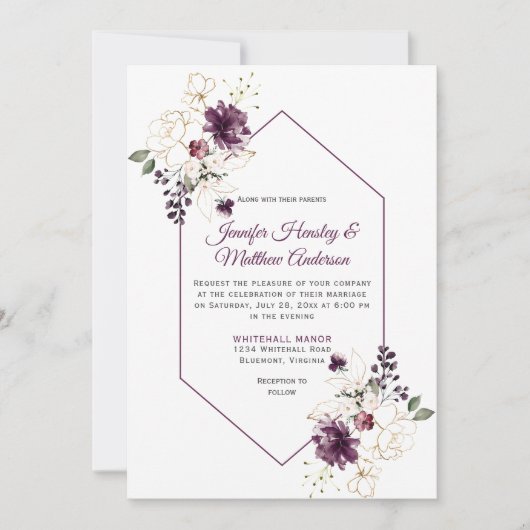 紫とエレガント金ゴールドのフローラの枠結婚付け 招待状 (正面)