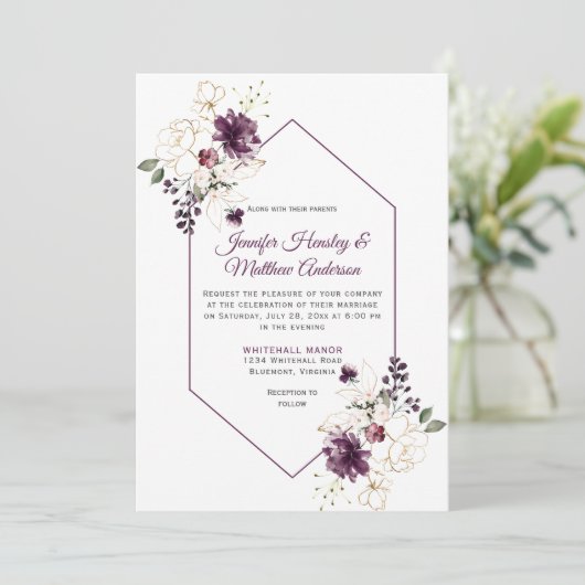 紫とエレガント金ゴールドのフローラの枠結婚付け 招待状 (スタンド正面)