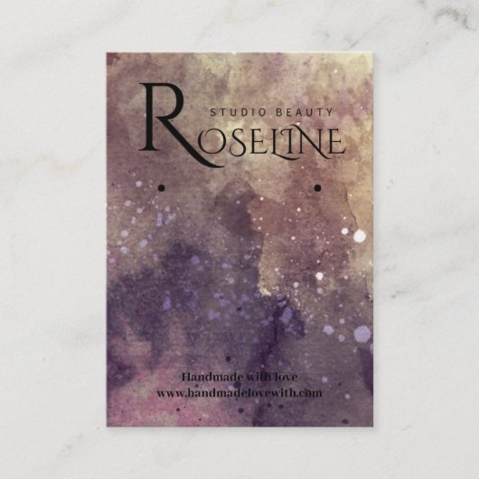 紫とエレガント金ゴールドの水彩耳飾りディスプレイ 名刺 (正面)