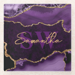 紫とエレガント金ゴールドフェイクグリッター大理石瑪瑙 ガラスコースター