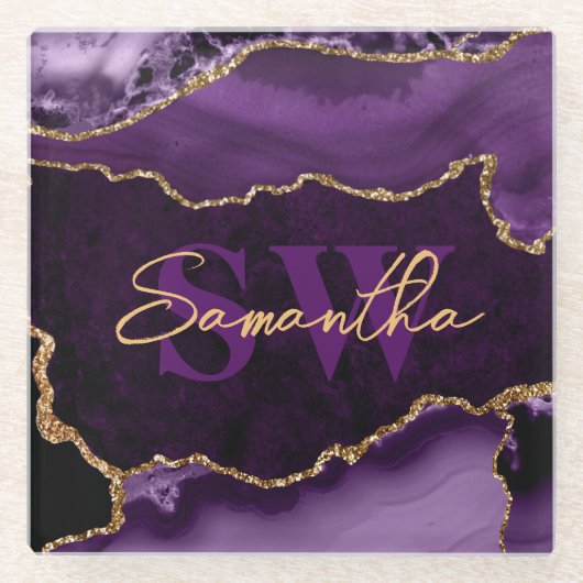 紫とエレガント金ゴールドフェイクグリッター大理石瑪瑙 ガラスコースター (正面)