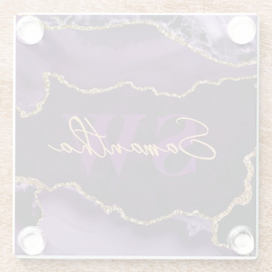 紫とエレガント金ゴールドフェイクグリッター大理石瑪瑙 ガラスコースター (裏面)