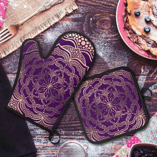 紫とエレガント金ゴールドマンダラダークぼうフローラ 鍋つかみ&鍋敷きセット