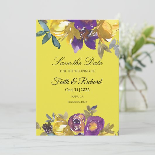 紫とエレガント金ゴールド秋の結婚式日付の保存 セーブザデート (スタンド正面)
