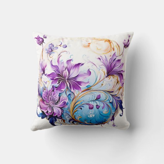 紫とエレガント青のアクセントを持つフローラデザイン クッション (裏面)